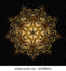Vector illustration. Black background. Golden mandalas element.