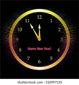 Vector illustration of Black background. Hours in a bright glow. Happy New Year!