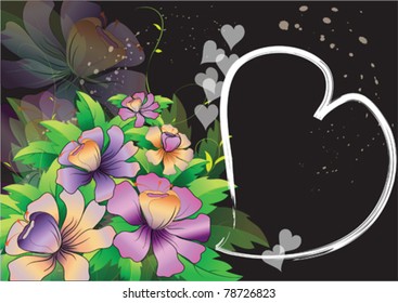 vector illustration of black background with purple flowers with leaves and with heart space frame