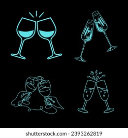 Vector illustration. Black background. A set of glasses clinking together. Toast, new year, celebration. Champagne glasses. wine glasses in blue, set, holidays, clinking.