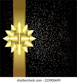 Vector illustration of Black background with sparkles. Golden ribbon and bow. 