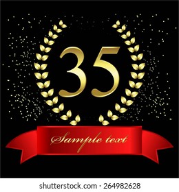 Vector illustration of Black background with sparkles, red ribbon. Anniversary - 35.