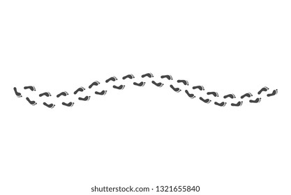 Vector illustration of black bare human footprints route - monochrome silhouette of walking person trailway with foot tracks isolated on white background. Trace of man steps.