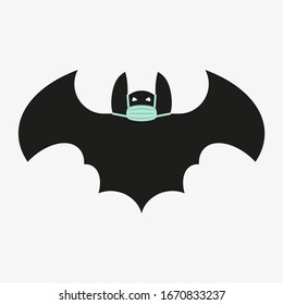 Vector illustration of a black bat with surgical mask isolated on white background. Coronavirus outbreak symbol. Dangerous chinese nCoV virus from Wuhan. 