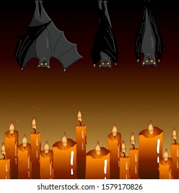 Vector illustration - black bats hanging under roof. Cute orange candles gives a soft light. Gothic, halloween design element