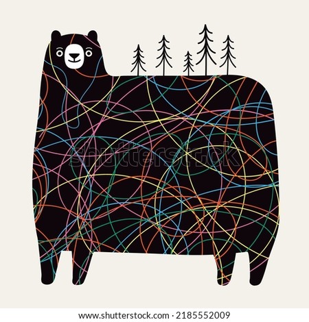 Vector illustration with black bear, colored abstract doodle lines and black pine tree forest. Trendy nature lovers print design with wild animal, traveling concept art poster
