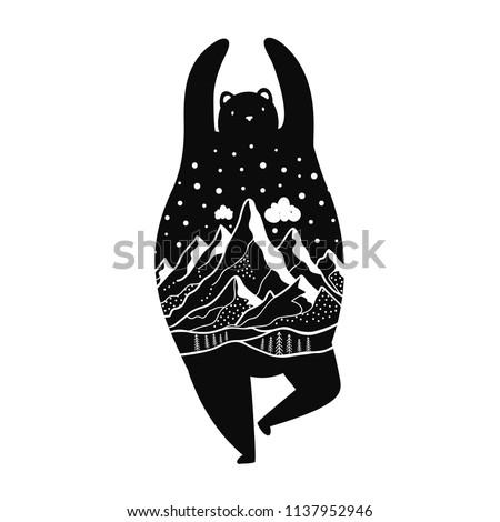 Vector illustration with black bear and mountain landscape. Clouds, pine trees, hills and stars