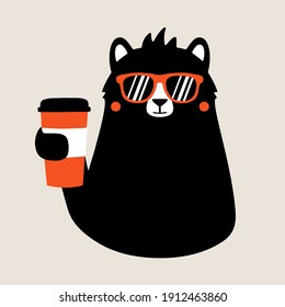 Vector illustration with black bear in sunglasses holding red coffee to go cup. Trendy print design with animal, cafe menu sticker and wall decoration poster