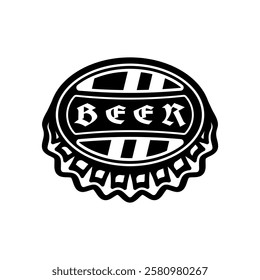 Vector illustration of a black beer cap, perfect for brewery badges, bar emblems, pub branding, and vintage style designs. Ideal for monochrome prints, labels, and craft beer graphics