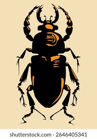 Ilustração vetorial de um besouro preto em realces laranja em um fundo bege. Para seus projetos em um estilo de história natural