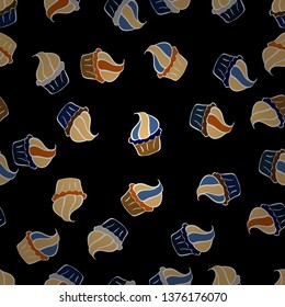 Vector illustration. Black, beige and blue color. Seamless pattern with sweet desserts. Cream. Endless pattern, black, beige and blue background. Wrapping paper.