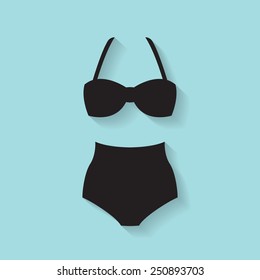 Vector illustration of black bikini on blue background. Flat design. Web icon