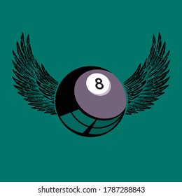 Vektorgrafik eines schwarzen Billardballs mit Flügeln auf grünem Hintergrund. Design für Billardspieler oder Billardspieler.