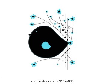 Vector illustration of black bird with blue flowers