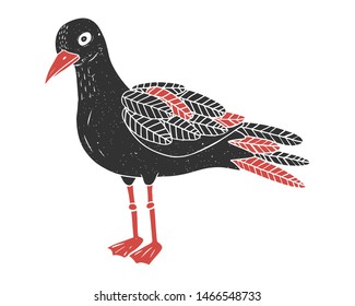 Vector illustration of a black bird isolated on white background. Seagull with grunge texture and red feathers, beak and paws