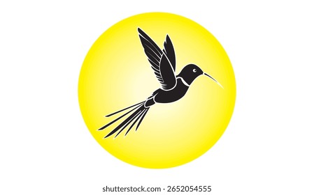 Vector illustration of a black bird silhouette on a round yellow background. Suitable for warning signs, bird conservation areas, nature reserves, or wildlife-themed design elements.
