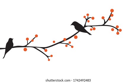Vector illustration of Black birds on a tree branch