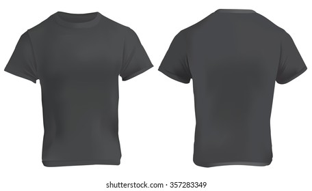 Vector illustration of black blank t-shirt template, front and back, realistic gradient mesh design, isolated on white