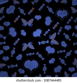 Vector illustration. Black, blue and gray watercolor heart pattern. Seamless pattern watercolor hearts seamless background. Colorful watercolor romantic texture.