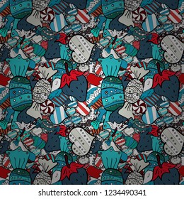 Vector illustration. Black, blue and white color. Wrapping paper. Seamless pattern with sweet desserts. Cream. Endless pattern, black, blue and white background.