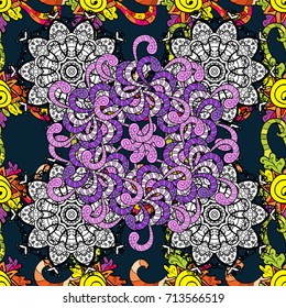 Vector illustration of black, blue and white flowers. Seamless pattern with flowers on motley background.