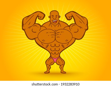 Vektorgrafik eines schwarzen Bodybuilders auf gelbem Hintergrund. Vektorgrafik eines Bodybuilders.