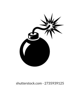 Vector illustration of black bomb icon with lit fuse and explosion, A black bomb icon with a lit fuse and explosion, depicted in a simple style, isolated on a pure white background, with a round body and short fuse