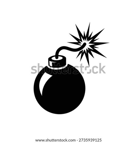Vector illustration of black bomb icon with lit fuse and explosion, A black bomb icon with a lit fuse and explosion, depicted in a simple style, isolated on a pure white background, with a round body and short fuse
