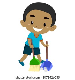 Vector Illustration of a Black Boy Kid sweeping the Floor