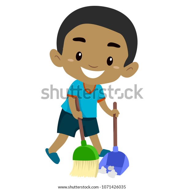 Vector Illustration Black Boy Kid Sweeping Stock Vector (royalty Free 