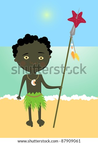 vector illustration of black boy with a spear on the beach