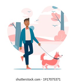 Vector illustration. Black boy walking the dog on leash in the park