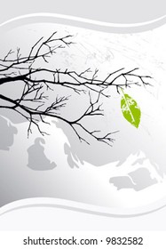Vector illustration of a black branch with a green leaf