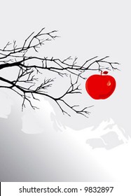 Vector illustration of a black branch with a red apple