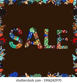 Vector illustration. Illustration in black, brown and blue colors. Sale sign design in modern style. Seamless. Lettering.