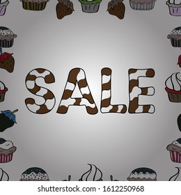 Vector illustration. Illustration in black, brown and white colors. Lettering. Sale tags set on a black, brown and white background. Seamless.