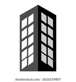 Ilustración vectorial de un icono de edificio negro con ventanas blancas.