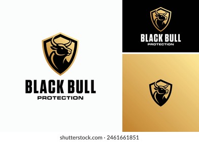 Vector illustration of Black Bull Head with Horns and Golden Shield for Security or Protection Guard logo design