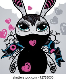 vector illustration of a black bunny and flying hearts