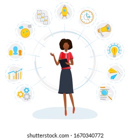 Vector illustration of black businesswoman and multitasking concept. Business woman is standing among office icons. Project task management, productivity optimization, time management.