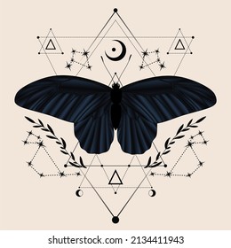 Vector illustration with black butterfly with moon. Abstract mystic sign. Black linear shape. For you design, tattoo or magic craft.