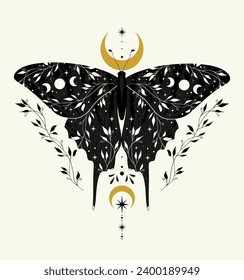 Ilustración vectorial con fases de mariposa y luna negras. Impresión artística del Boho. Afiche moderno.