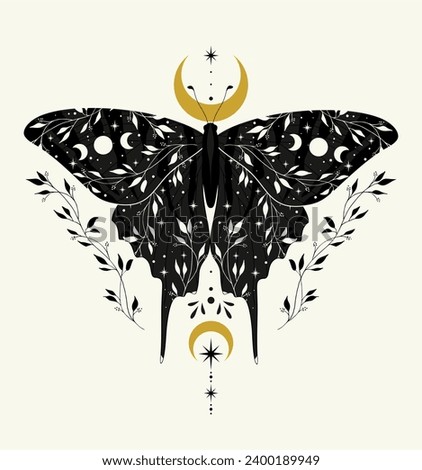 Vector illustration with black butterfly and moon phases. Boho art print. Modern poster.