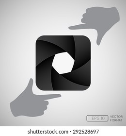 Vector illustration of black camera shutter , Photographer's hand gesture of process of taking a photo. - isolated on black background