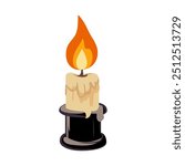 Vector illustration of black candle holder with burning candle. Halloween elements in flat shape isolated on white background. Illustration for logos, badges, banners, labels, posters