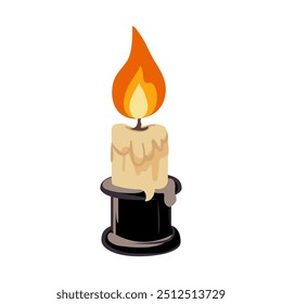 Vector illustration of black candle holder with burning candle. Halloween elements in flat shape isolated on white background. Illustration for logos, badges, banners, labels, posters