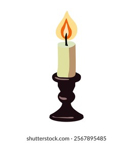 Vector illustration of black candle holder with burning candle. Halloween, church theme and gothic elements in flat shape isolated on white background. Illustration for logos, badges, banners, labels