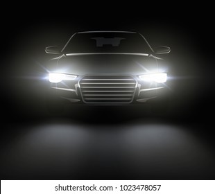 Ilustração vetorial de carro preto com luzes. composição realista do cenário noturno e silhueta de automóvel elegante com faróis brancos