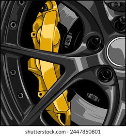 vector illustration of black car rims with gold brake pads