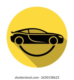 Vector illustration of a black car silhouette featuring modern design and long shadow, isolated on a vibrant yellow circular background. Minimalist car concept graphic.